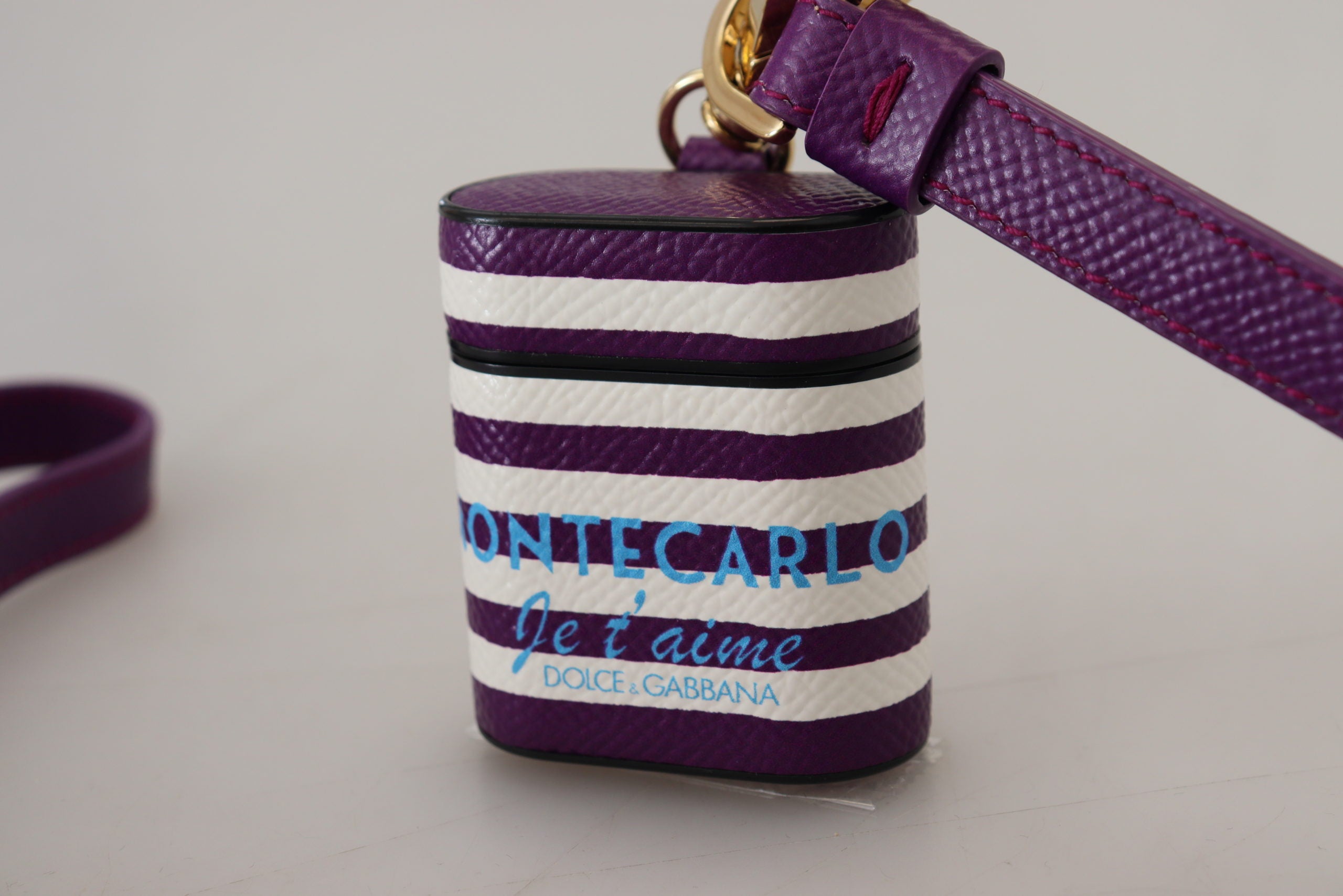 Purple Leather Strap Gold Metal Logo Airpods Case