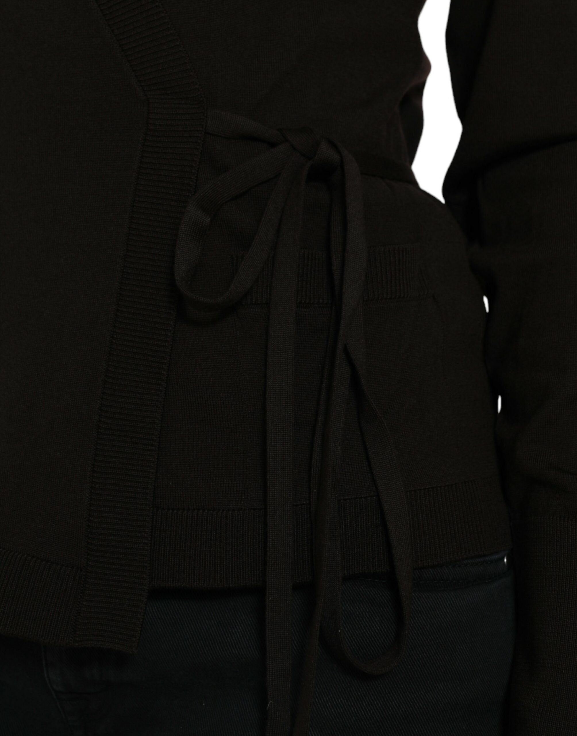 Black Wool V-neck Crossed Cardigan Sweater