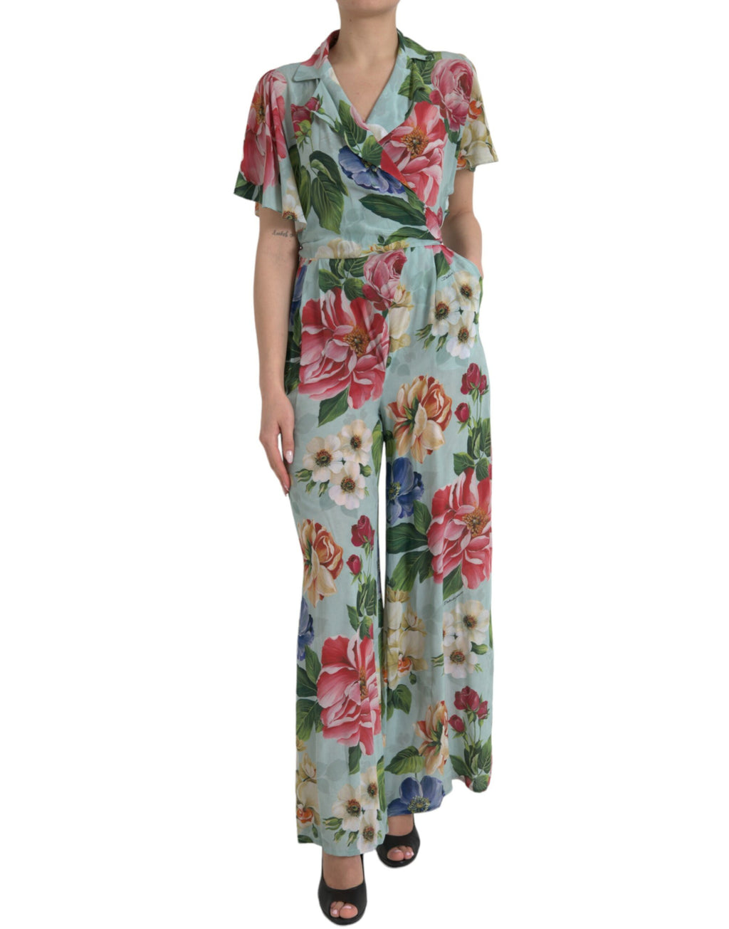 Blue Floral Wide Leg Wrap Jumpsuit Dress
