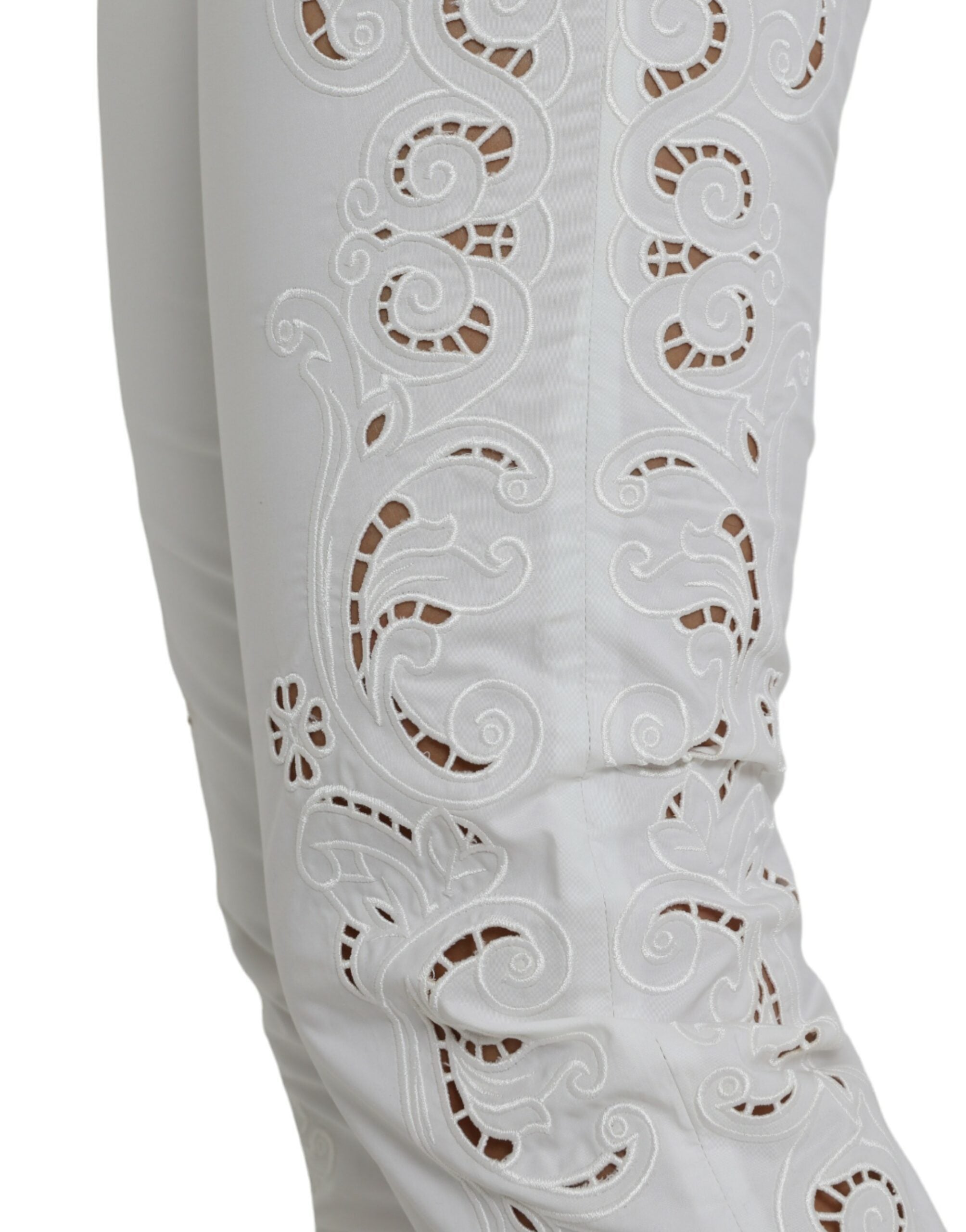 White Cut Out Cotton Mid Waist Cropped Pants