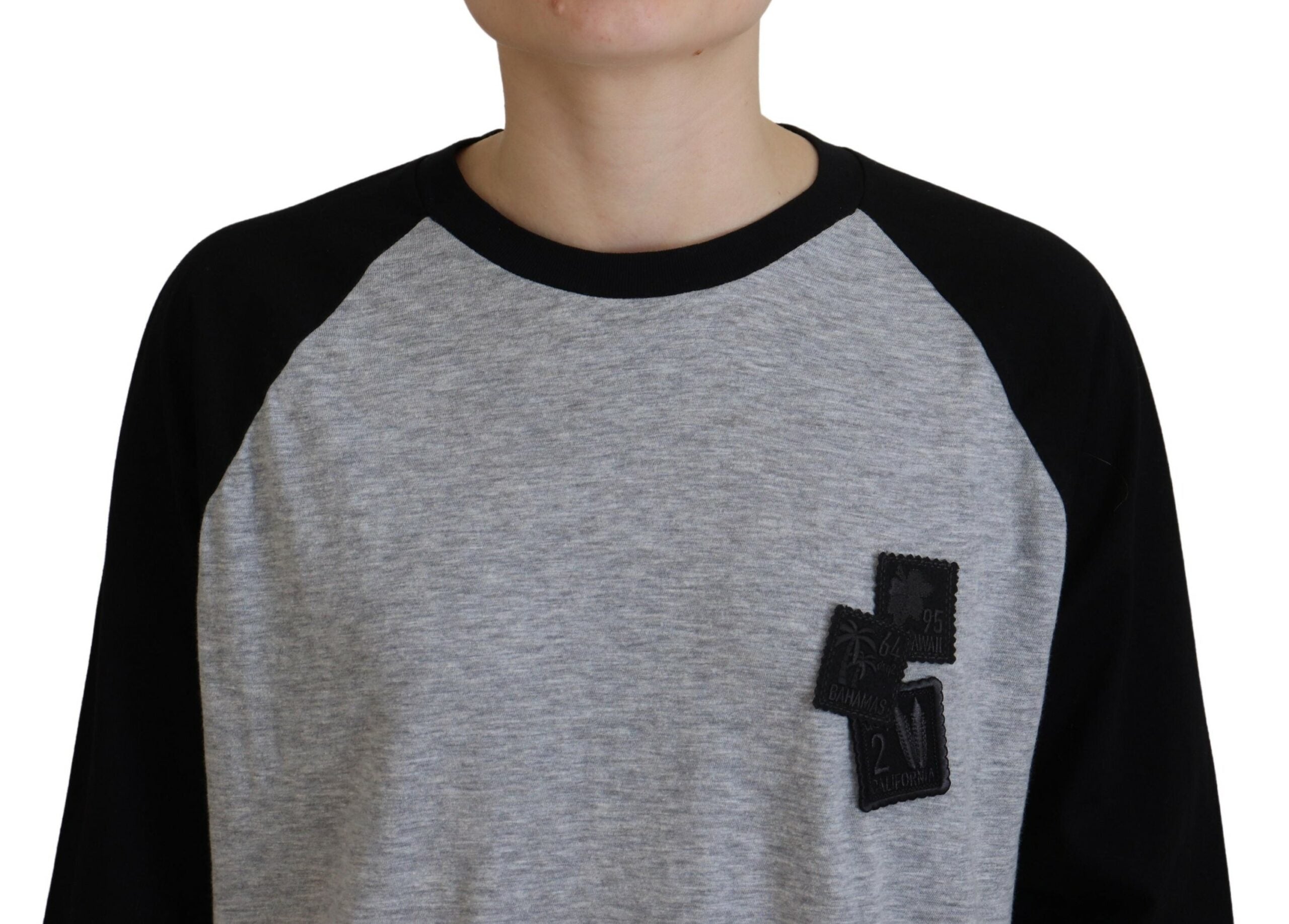 Black Gray Cotton Raglan Long Sleeves Casual Top