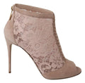 Beige Lace Suede Peep Toe Ankle Boots Shoes