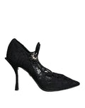 Black Mary Jane Pumps Lace Crystals Heels Shoes