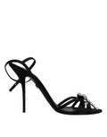 Black Leather Crystal Heels Sandals Shoes