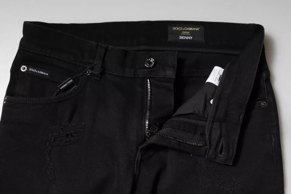 Black Cotton Tattered Skinny Denim Logo Jeans
