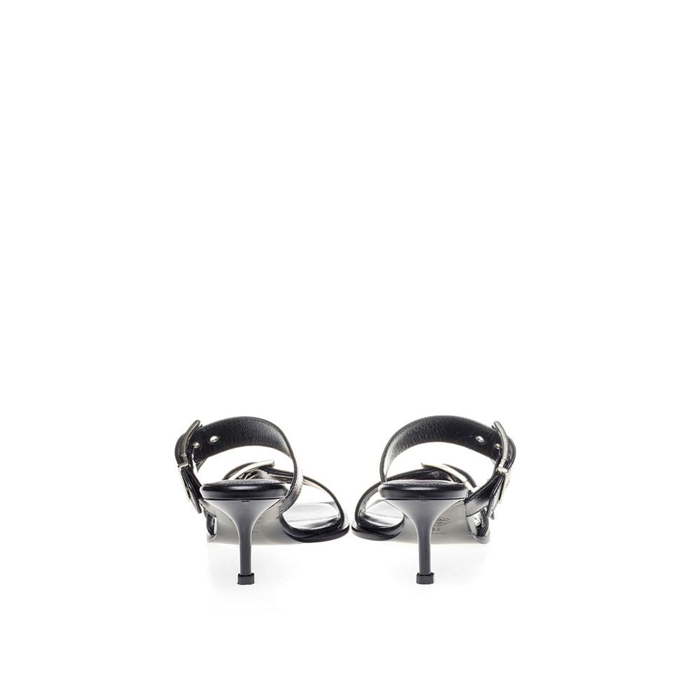 Black Leather Stiletto Heel Sandals