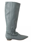 Blue Leather Elastic Flats Pull On Knee High Boots Shoes
