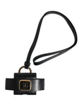 Black Leather Strap Gold Metal Logo Plaque Airpods Case