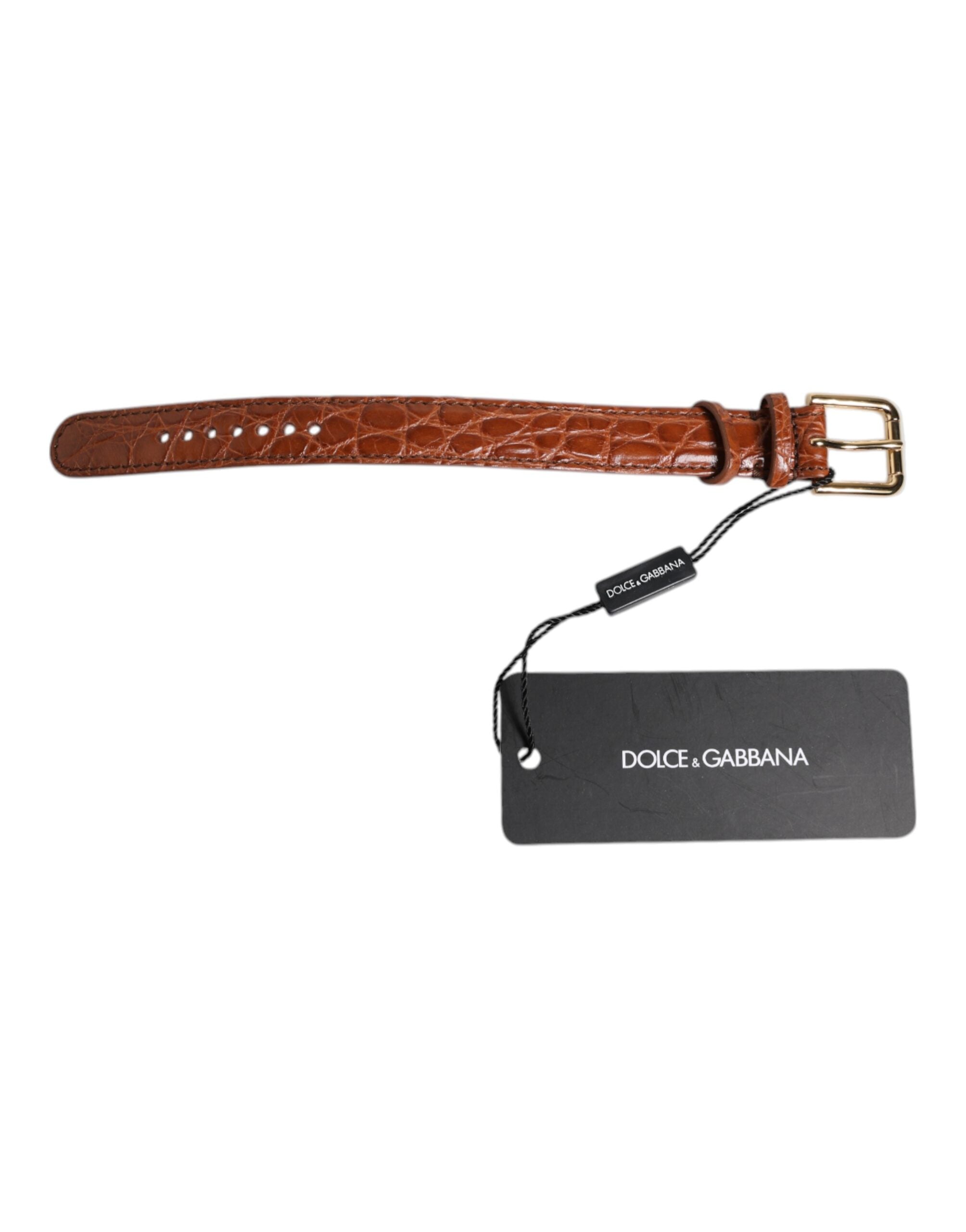 Brown Textured Leather Gold Metal Buckle Armband