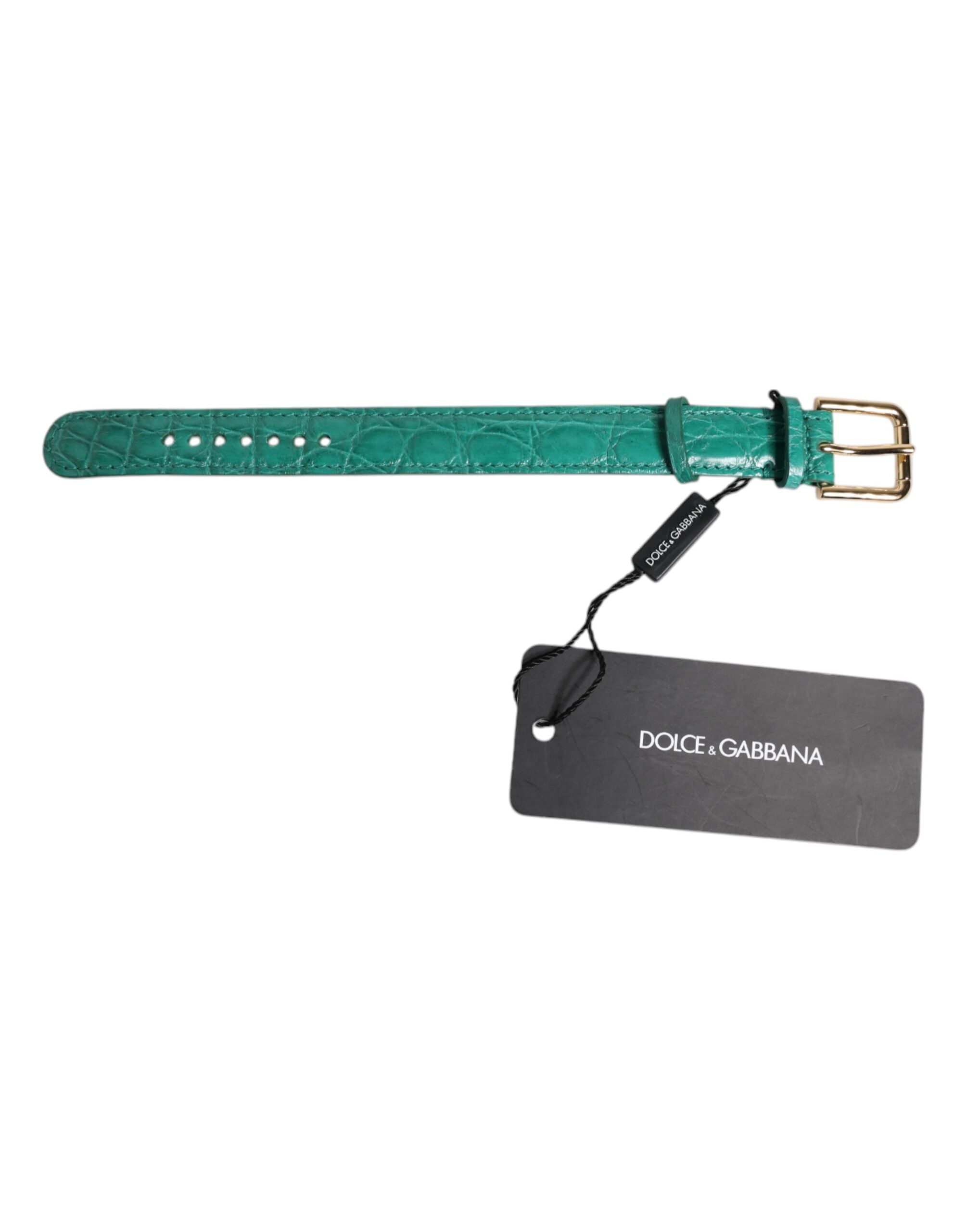 Green Exotic Leather Gold Tone Metal Buckle Armband