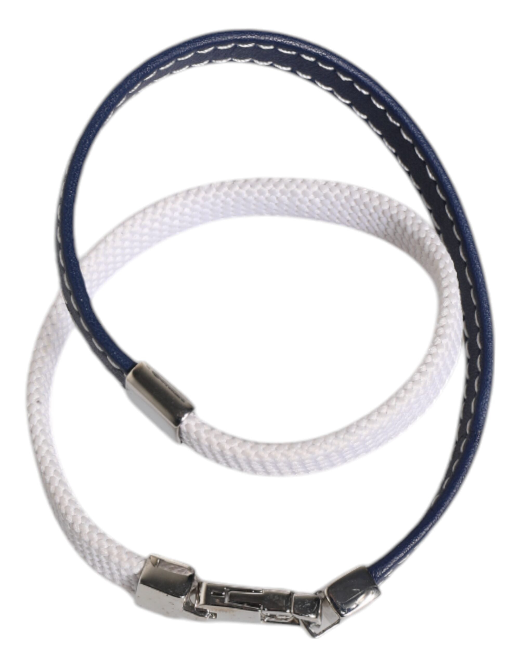 Blue White Leather Trimmed DG Engraved Silver Tone Clasp Bracelet
