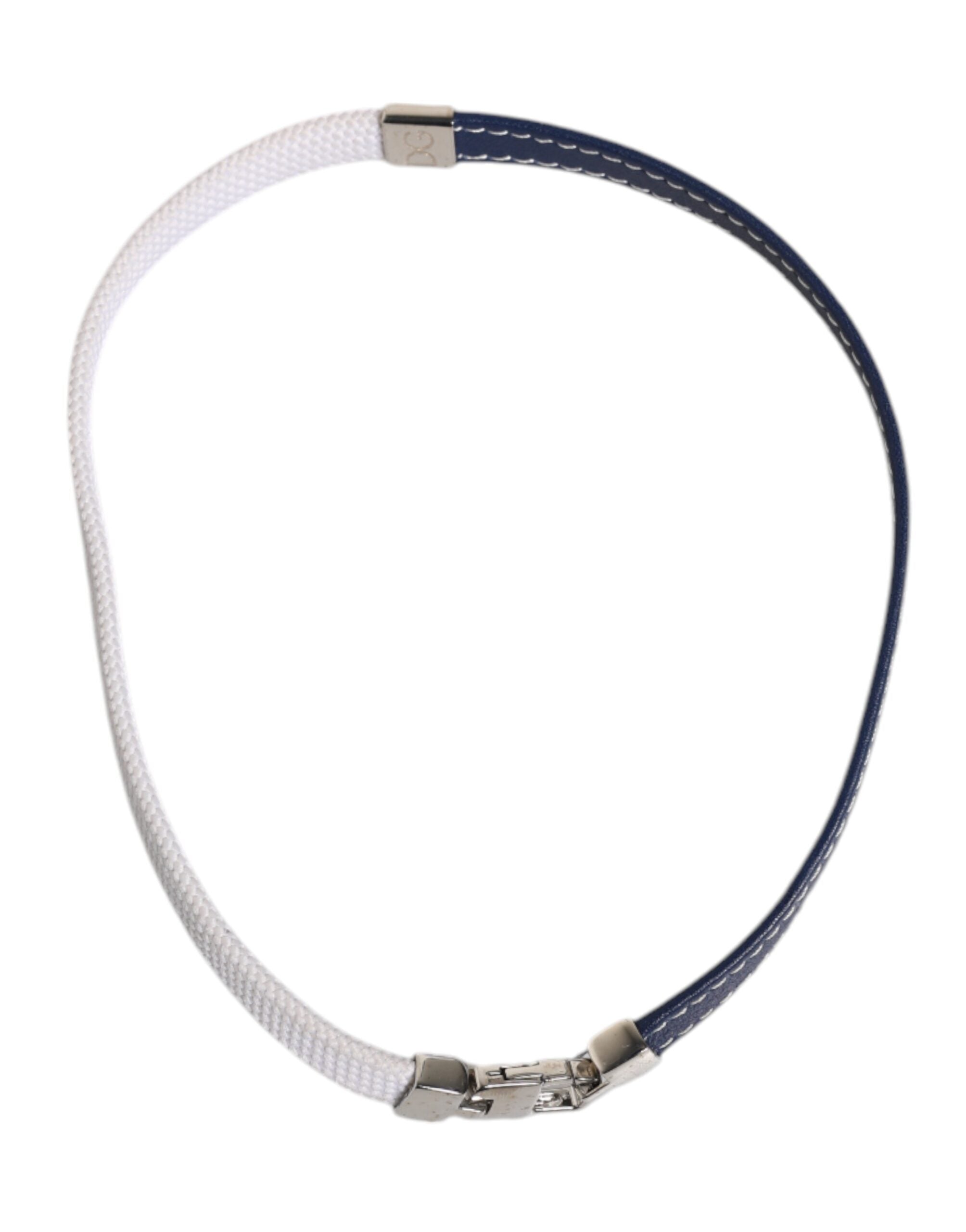 Blue White Leather Trimmed DG Engraved Silver Tone Clasp Bracelet