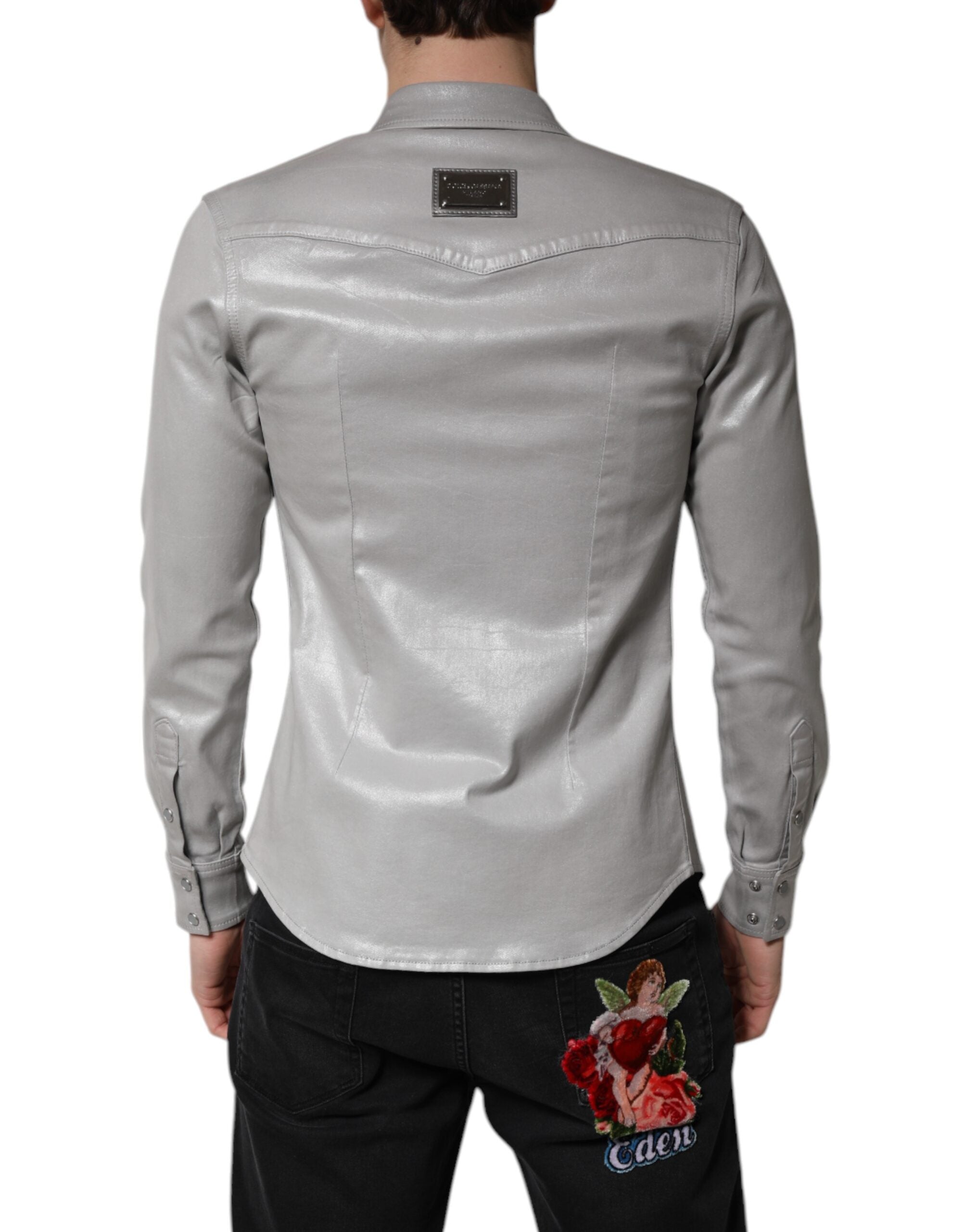 Metallic Gray Cotton Button Down Shirt