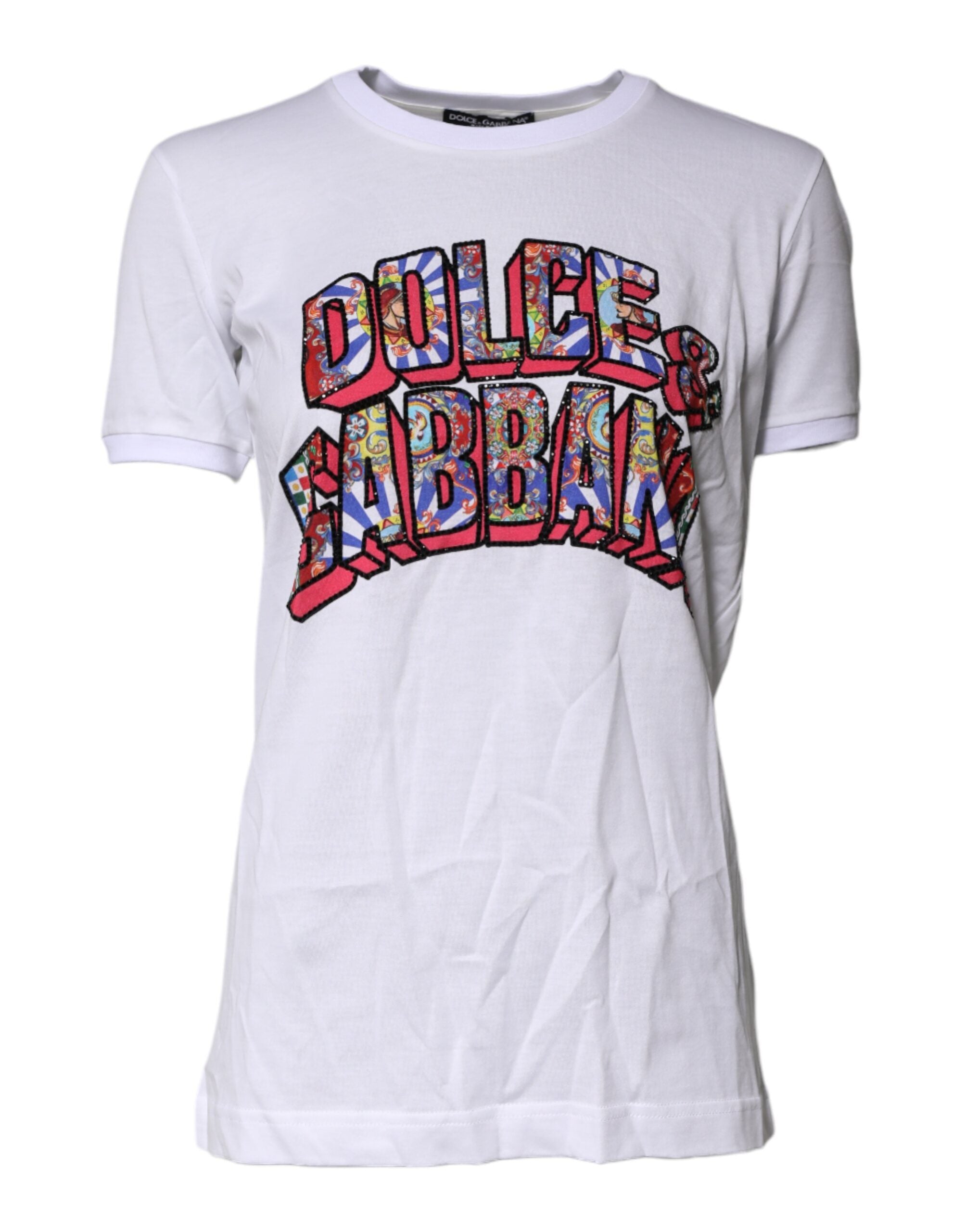 White Cotton Logo Print Round Neck T-shirt