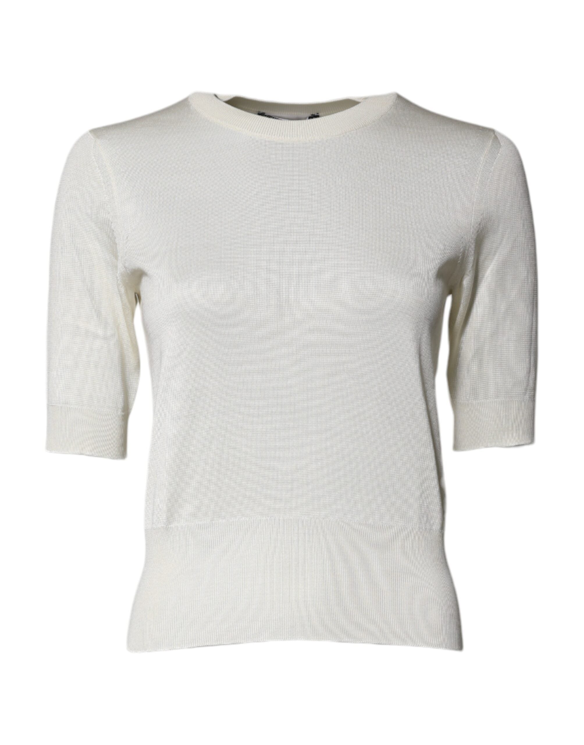 Cream Short Sleeve Silk Round Neck Blouse Top