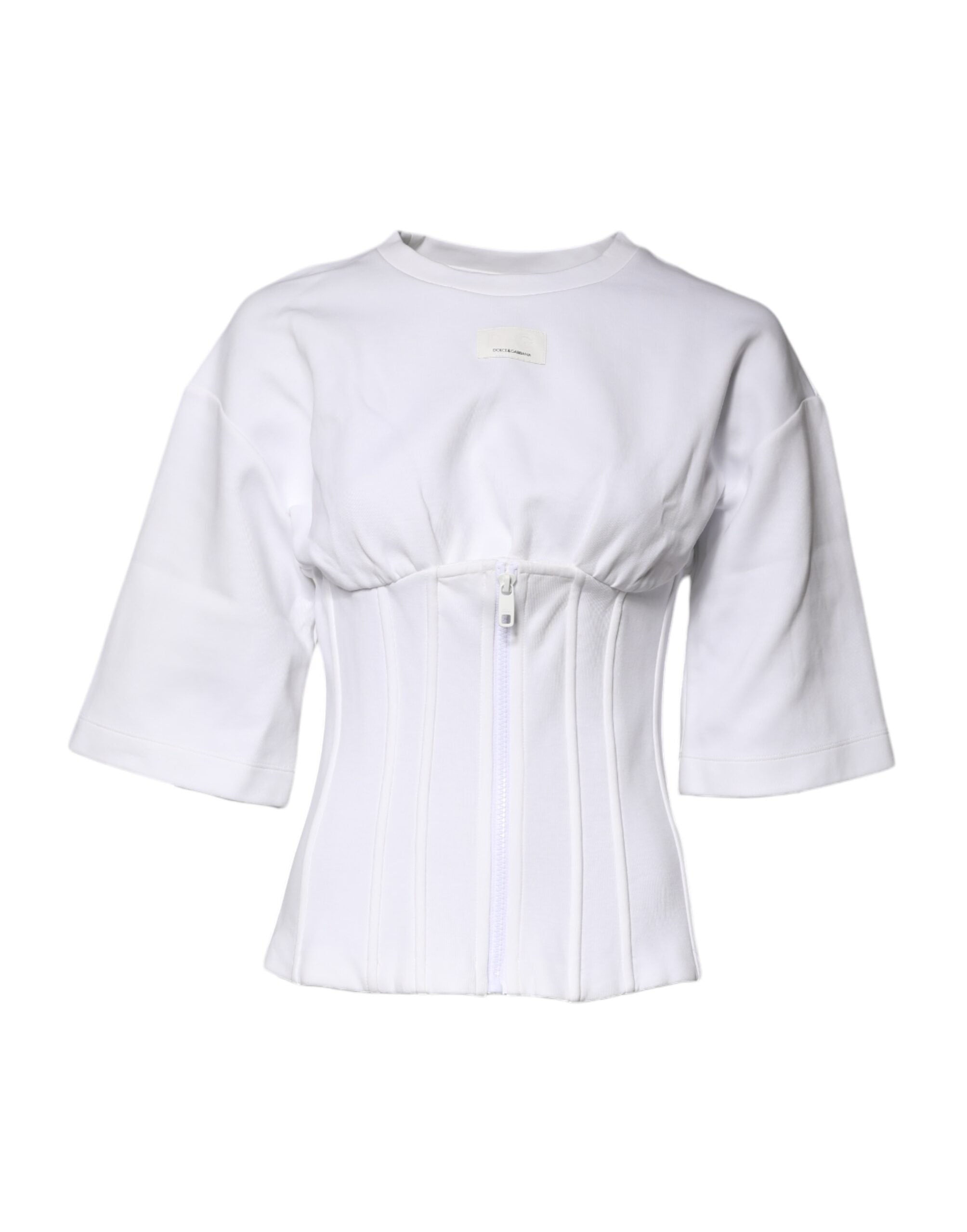 White Cotton Blend 3/4 Sleeves Blouse Top
