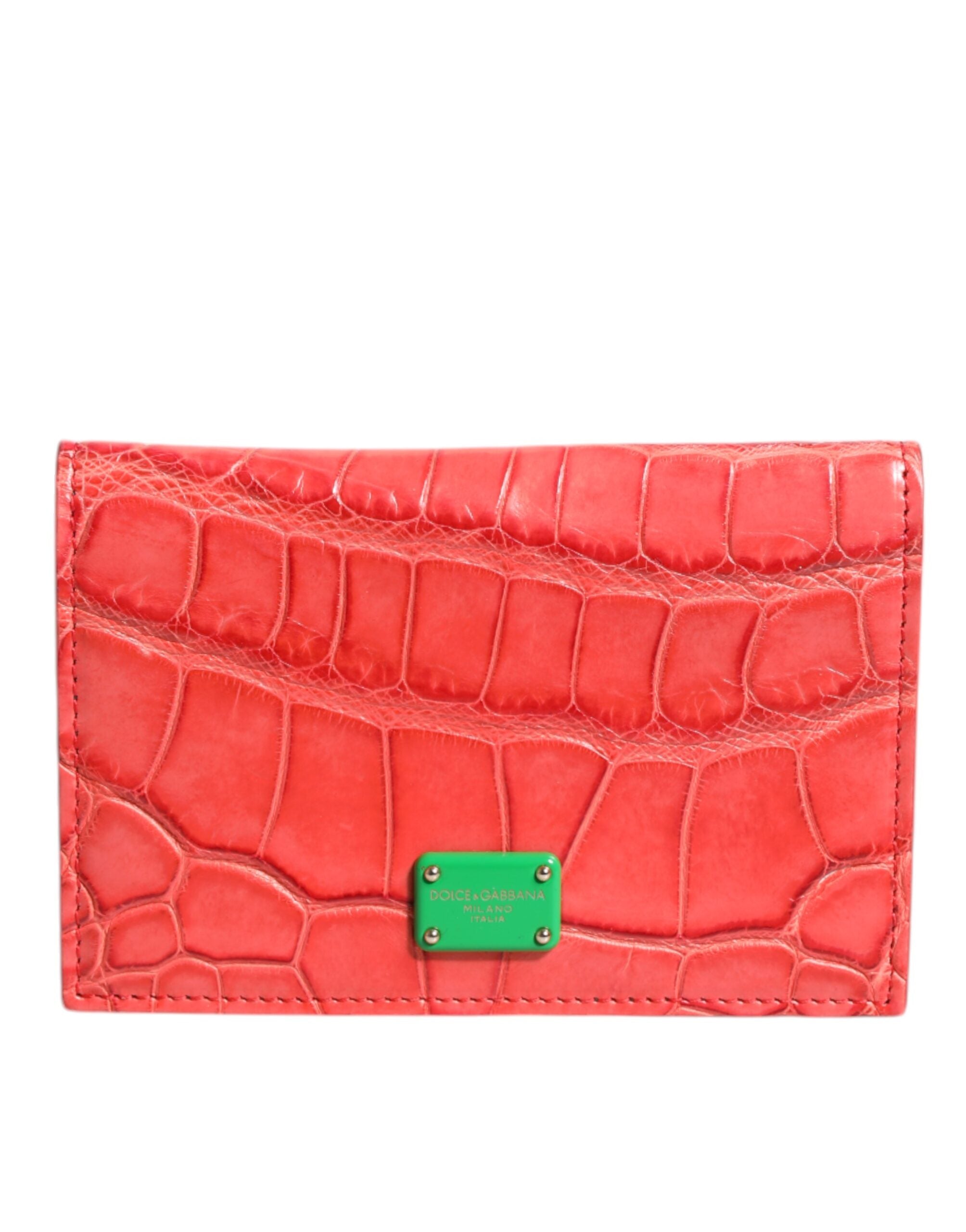 Red Exotic Leather Logo Plaque Card Holder Wallet
