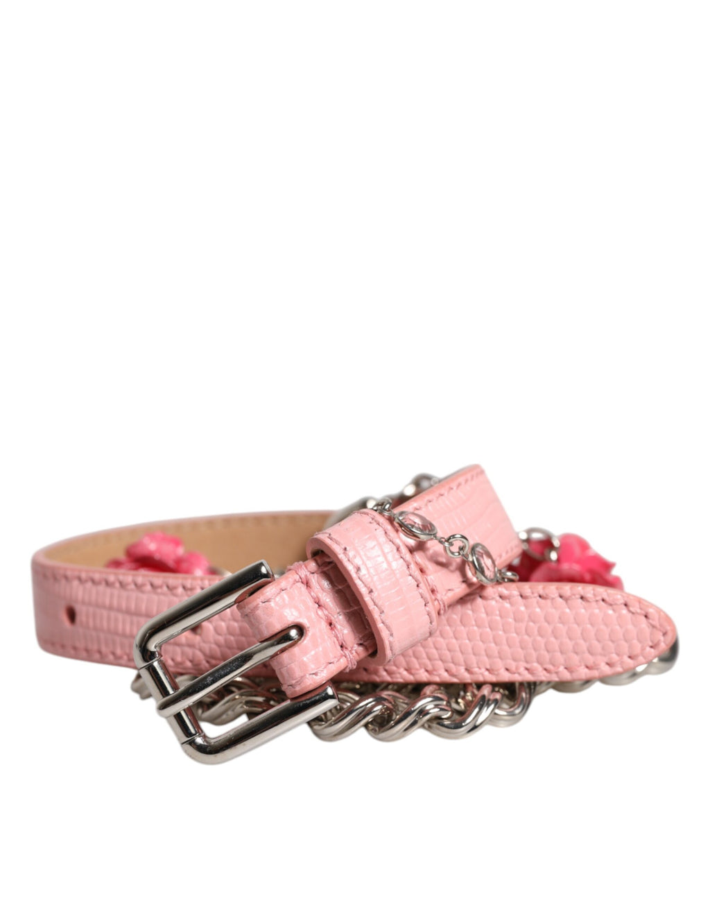 Pink Embelished Roses Textured Leather Belt