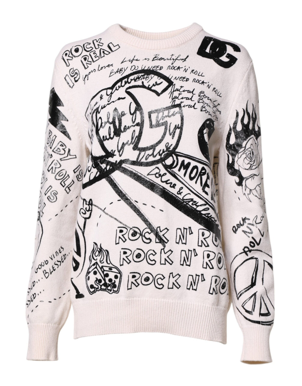 White Black Logo Print Women Pullover Sweater