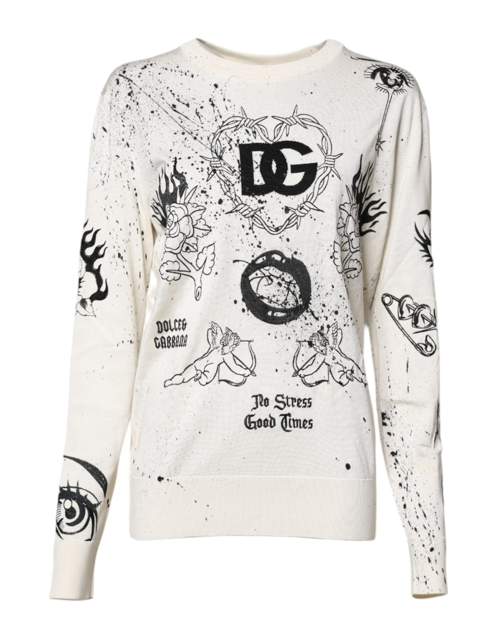 White Logo Angel Print Women Pullover Sweater