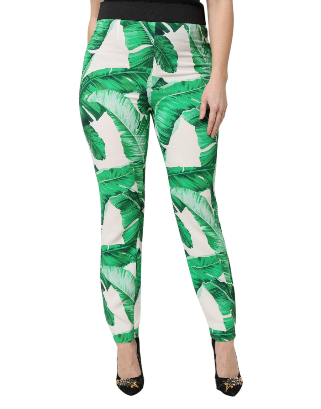 Weiß Grün Blatt Hohe Taille Hose