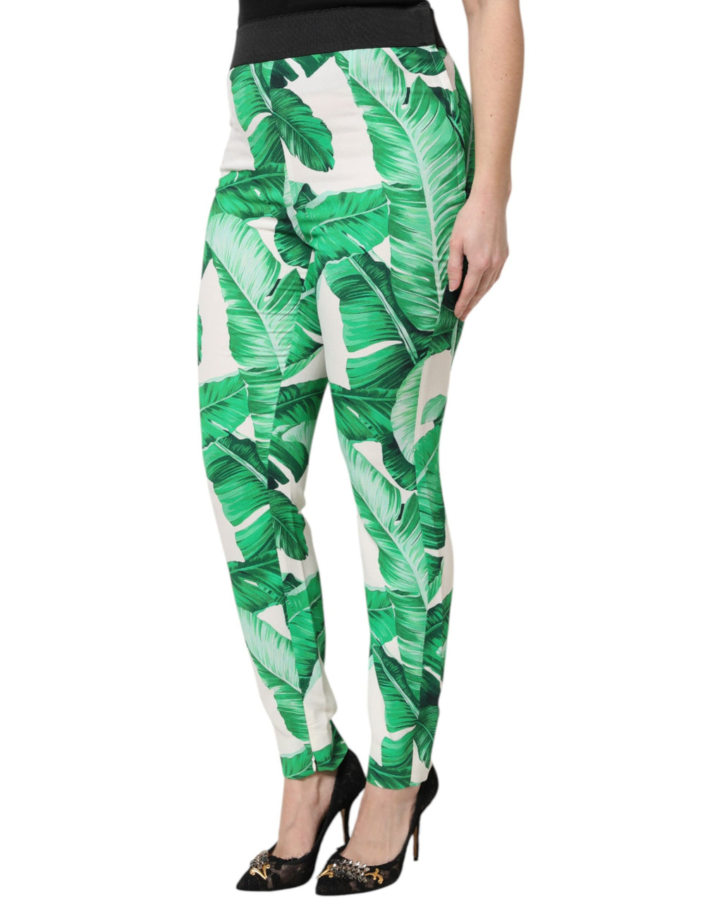 Weiß Grün Blatt Hohe Taille Hose