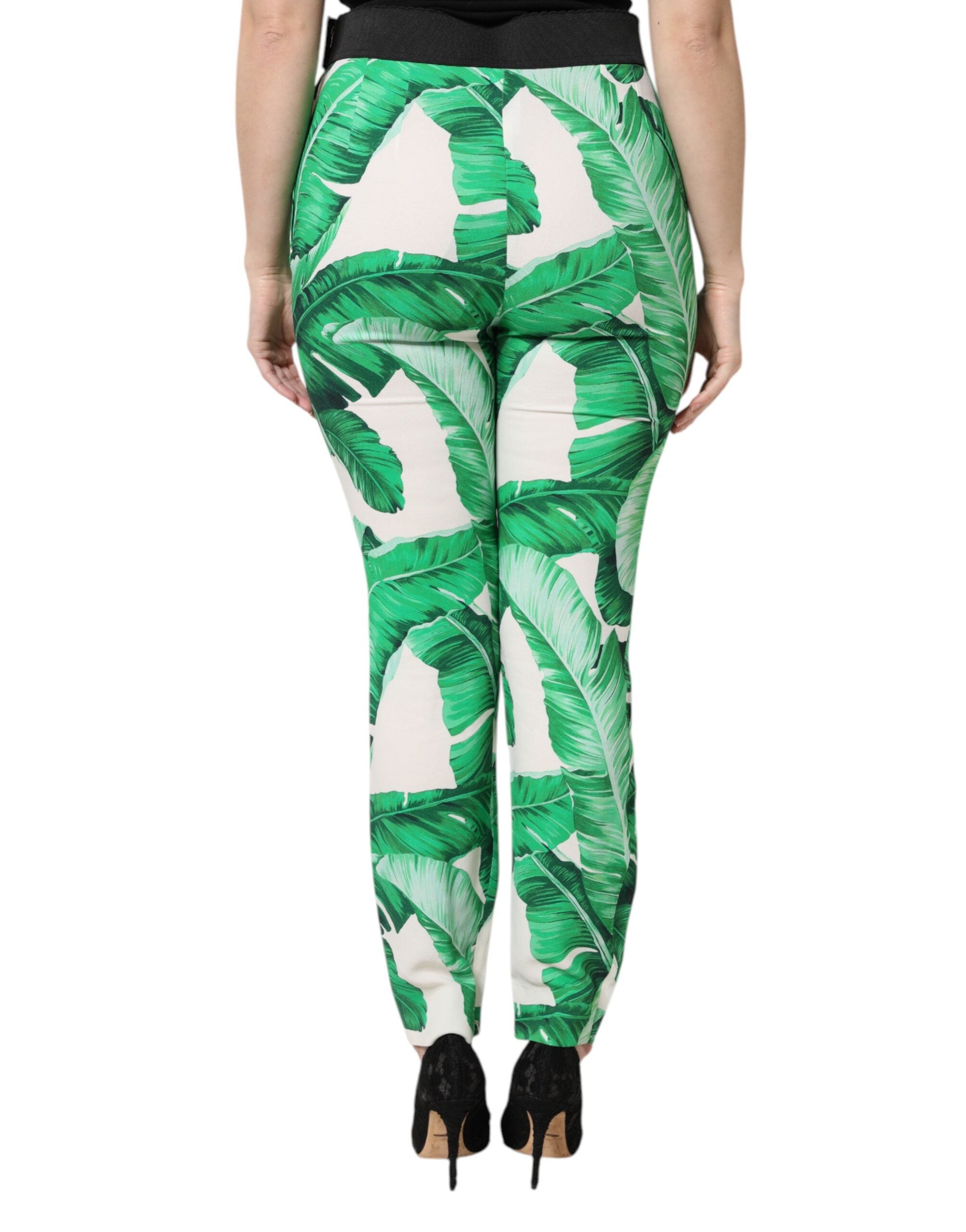 Weiß Grün Blatt Hohe Taille Hose