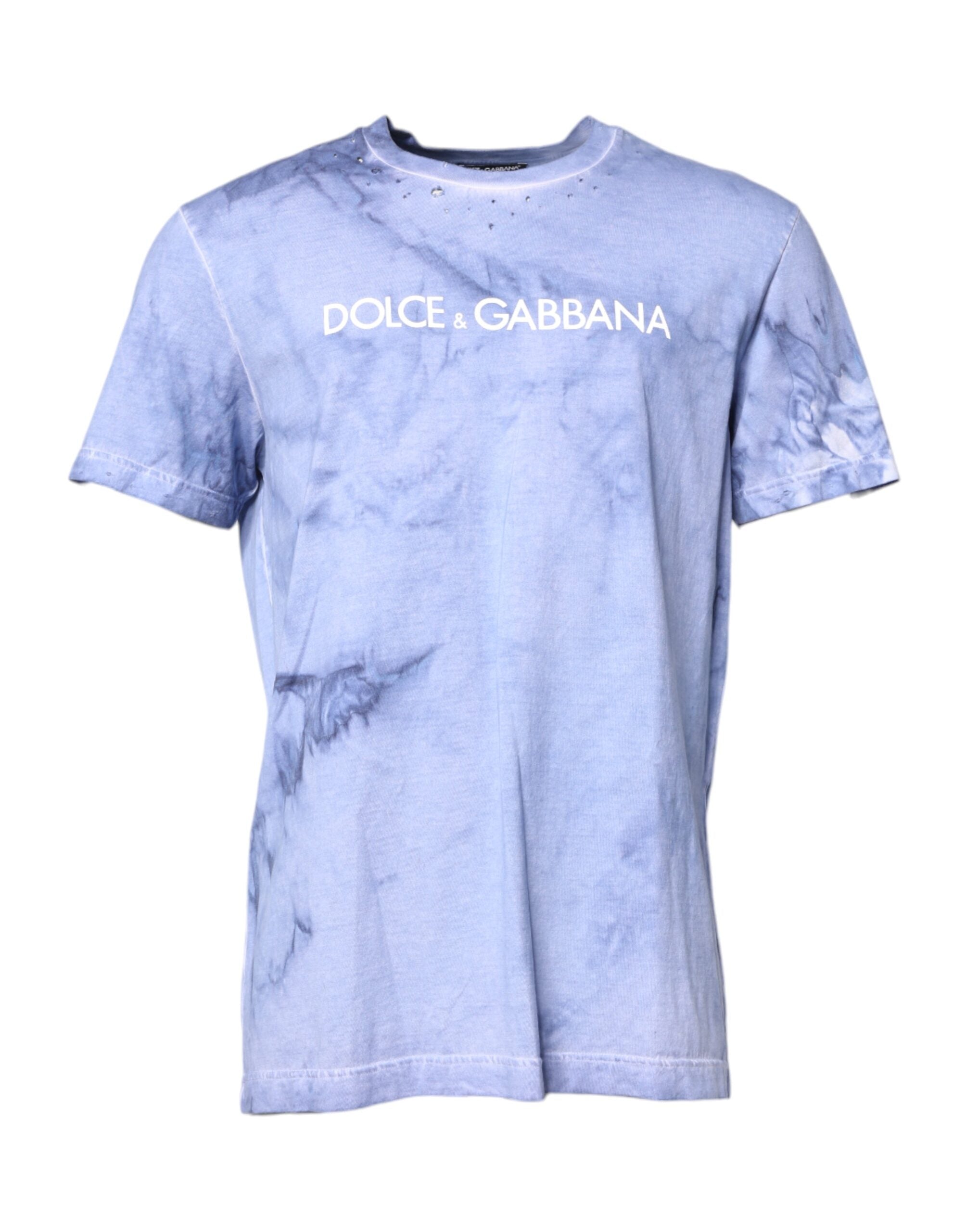 Blue Cotton Logo Print Crew Neck T-shirt
