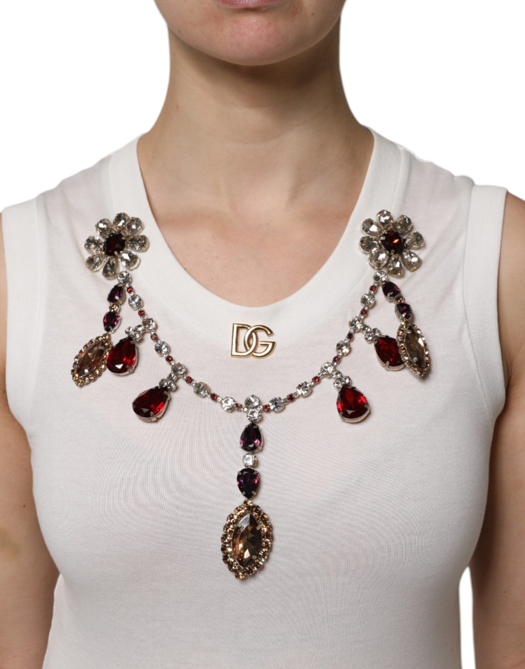 White Cotton Logo Crystal Detailing Tank Top