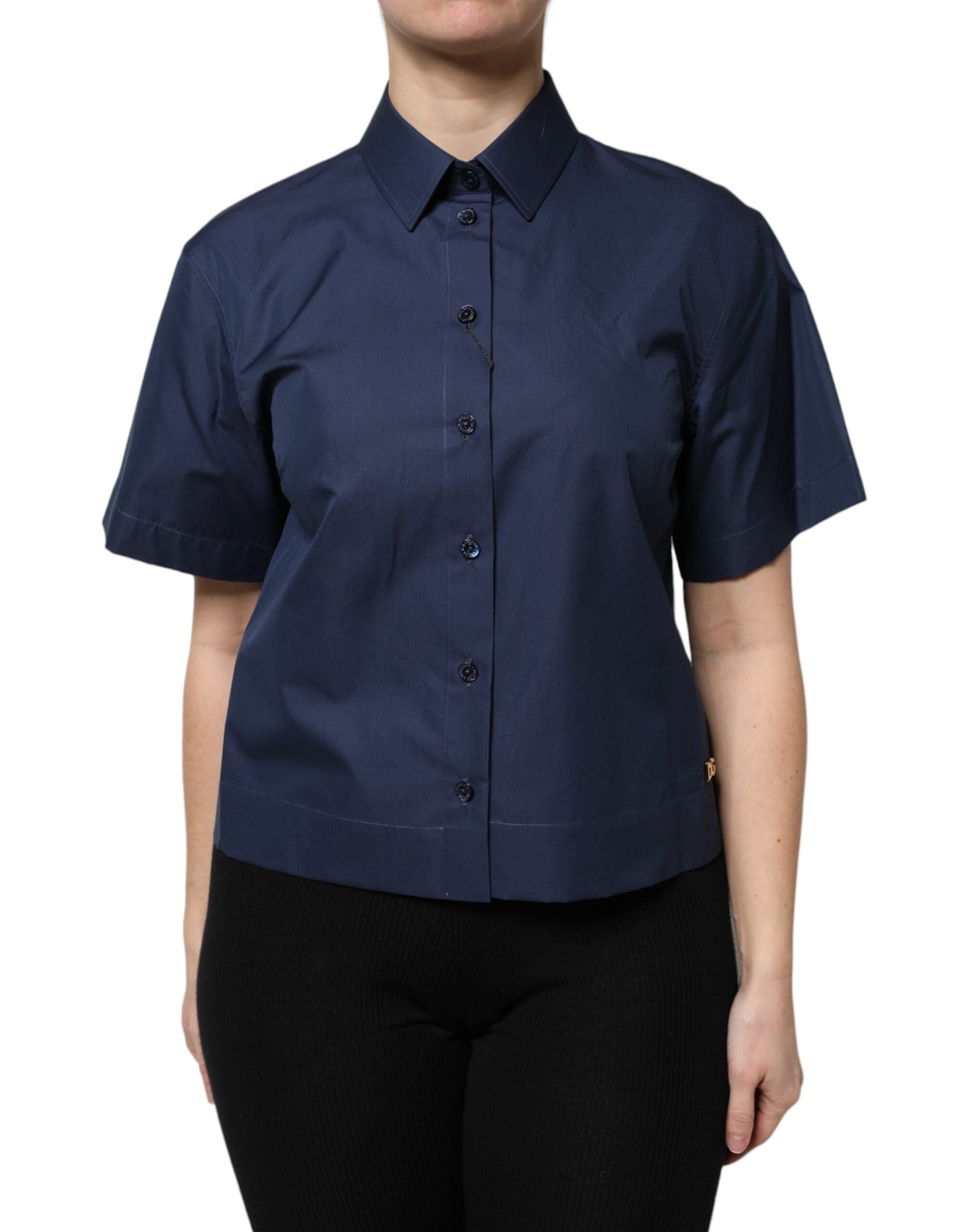 Blue Cotton Short Sleeves Button Down Top
