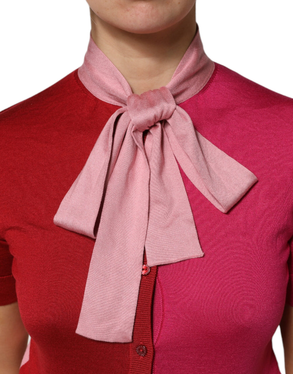 Pink Short Sleeves Buttoned Ascot Collar Top