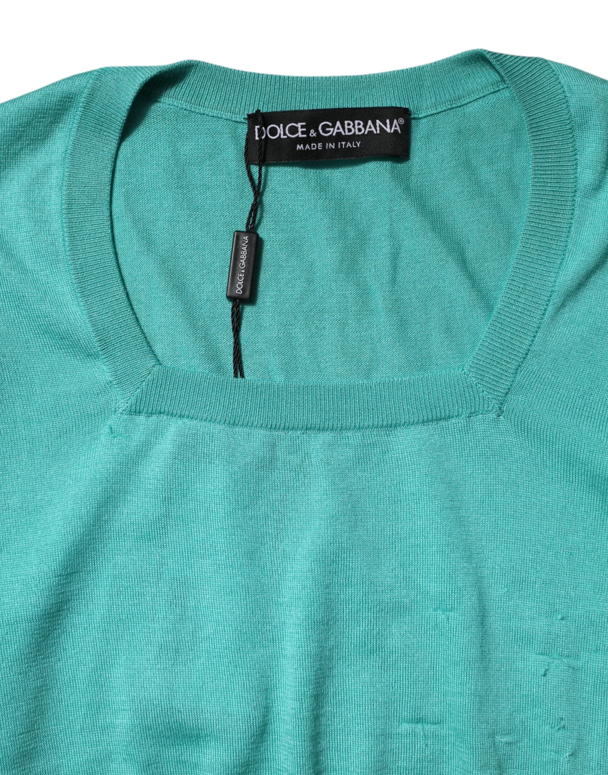 Aqua Blue Silk Short Sleeves Square Neck Top