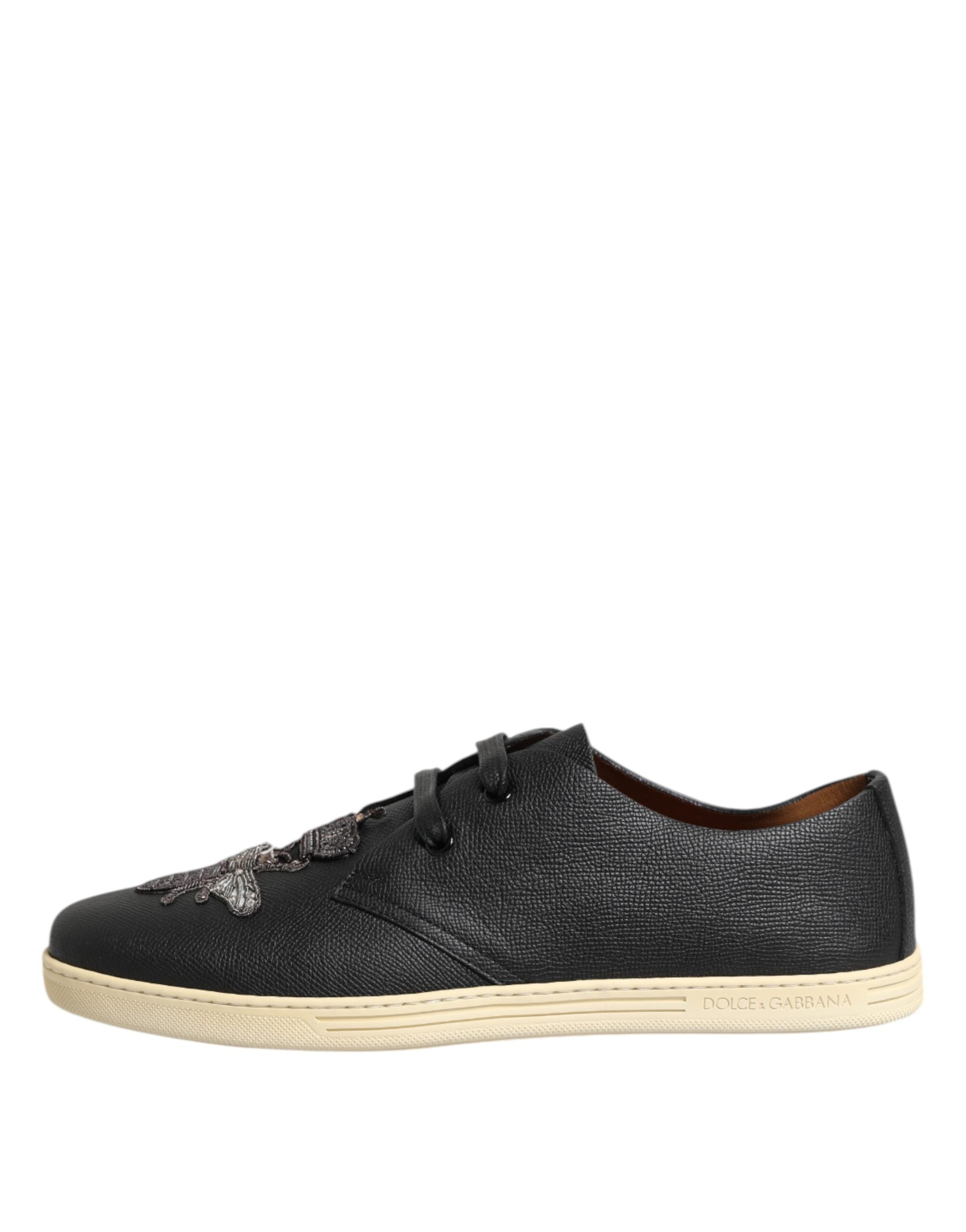 Black Leather Bee Crown Low Top Sneakers Shoes