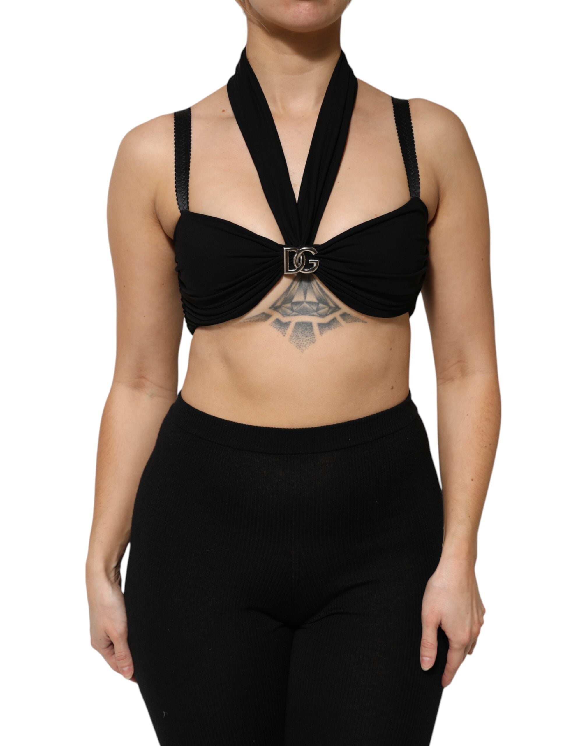 Black Cropped Viscose Halter Bustier Top