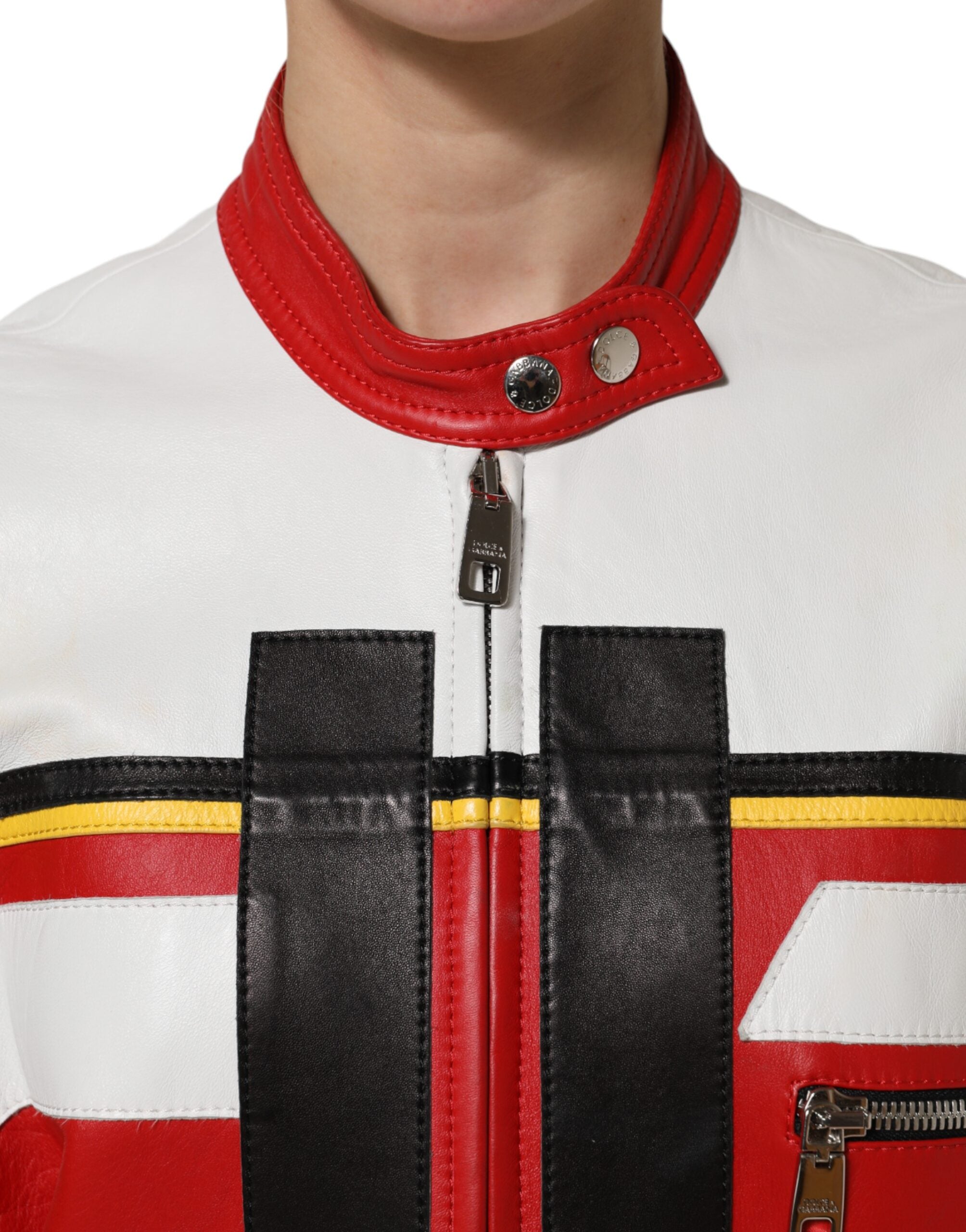 Multicolor Leather Biker Full Zip Coat Jacket