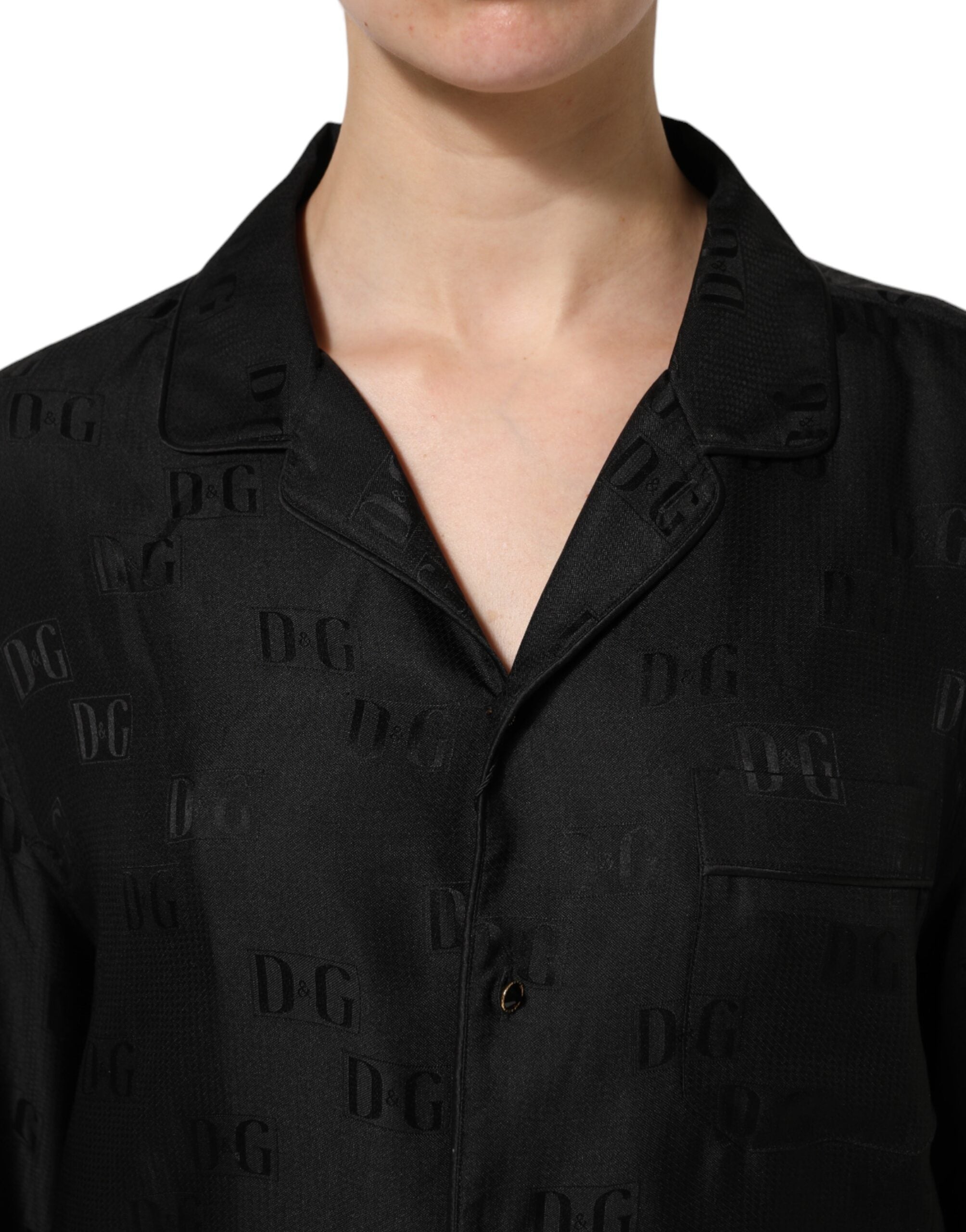 Black Silk DG Embroidery Long Sleeves Top