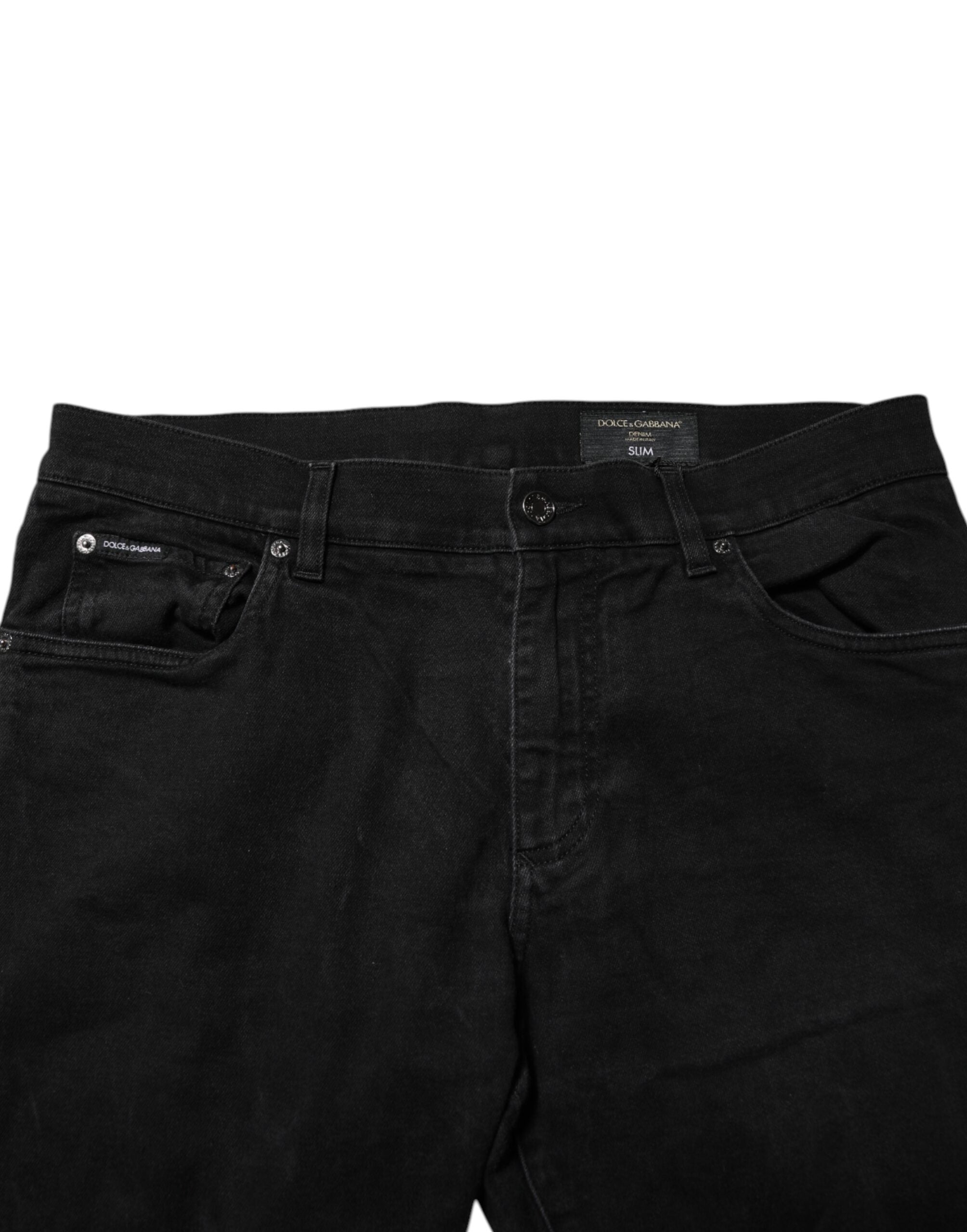 Black Cotton Logo Plaque Slim Fit Denim Jeans