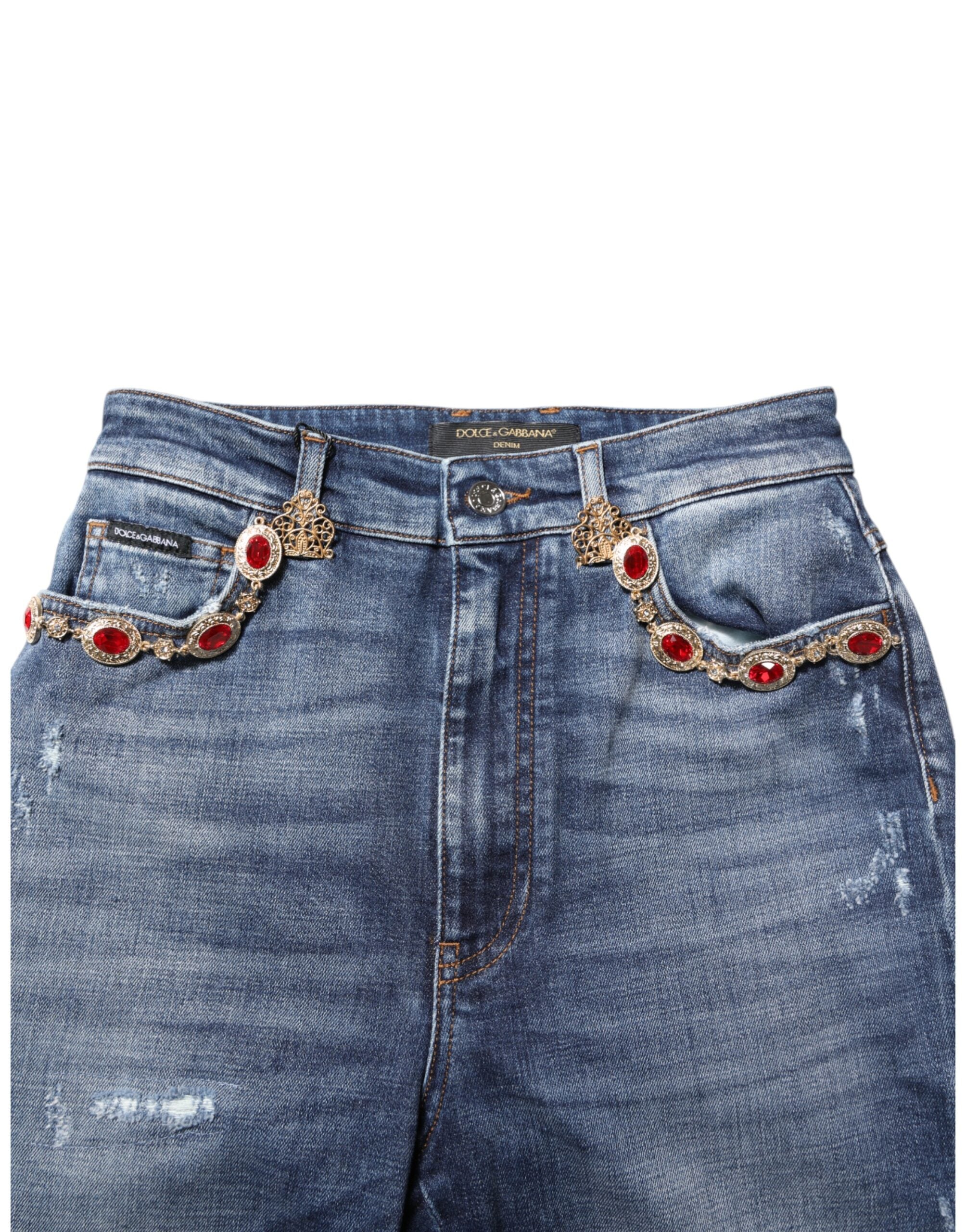 Blue Rhinestone Embellished Denim Jeans