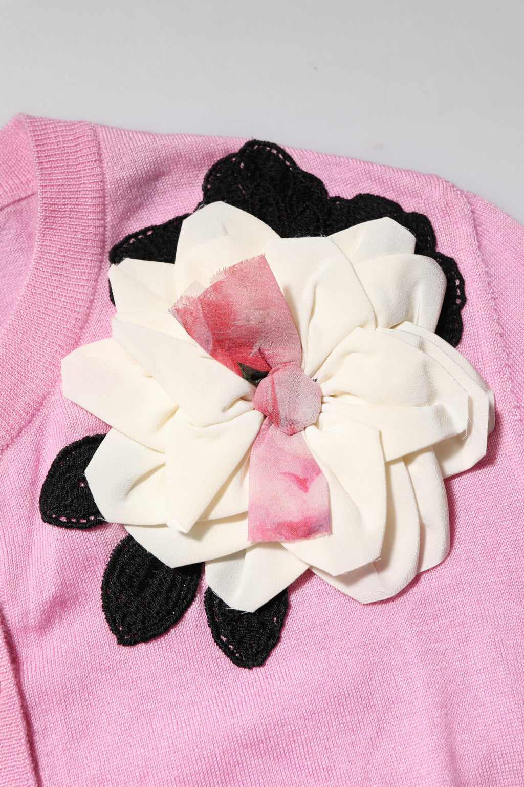 Pink Floral Detailing Cardigan Sweater