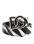 Black White Leather Silver Metal Buckle Belt