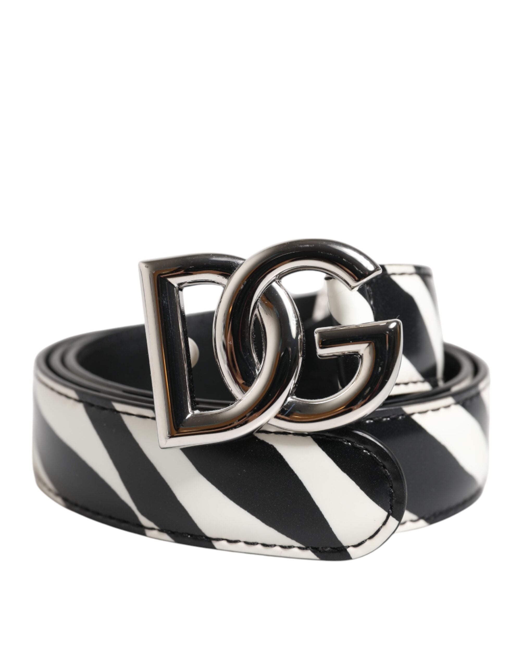 Black White Leather Silver Metal Buckle Belt