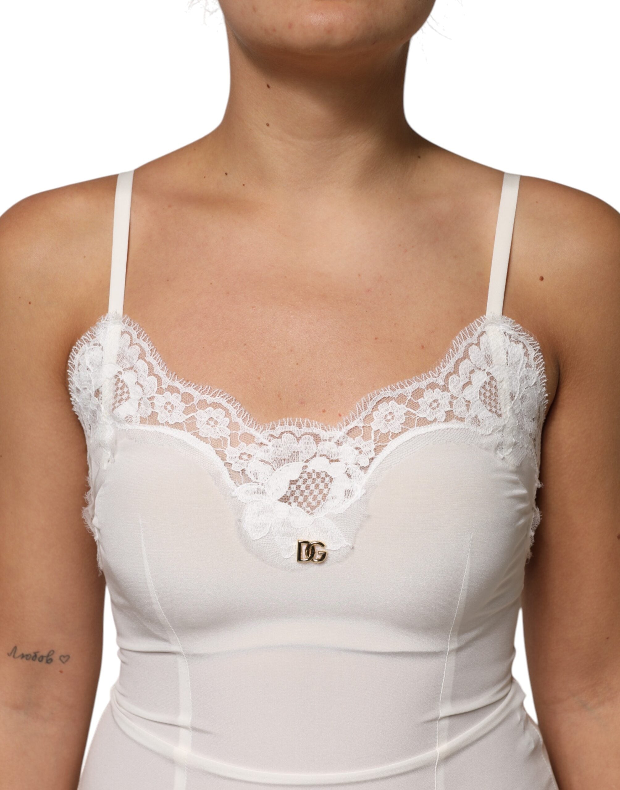 White Lace Gold DG Logo Silk Dress Sleepwear