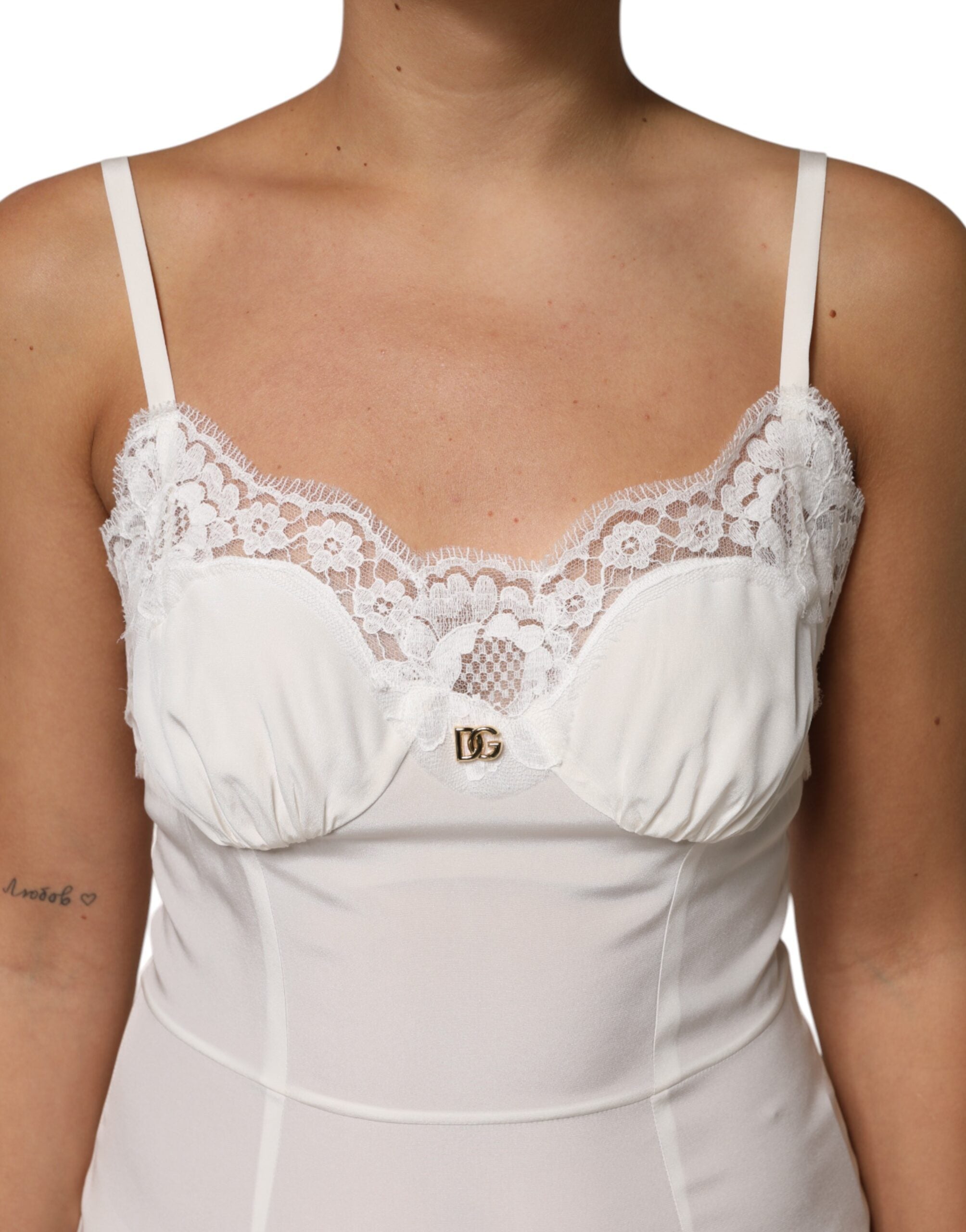 White Lace DG Logo Silk Dress Sleepwear