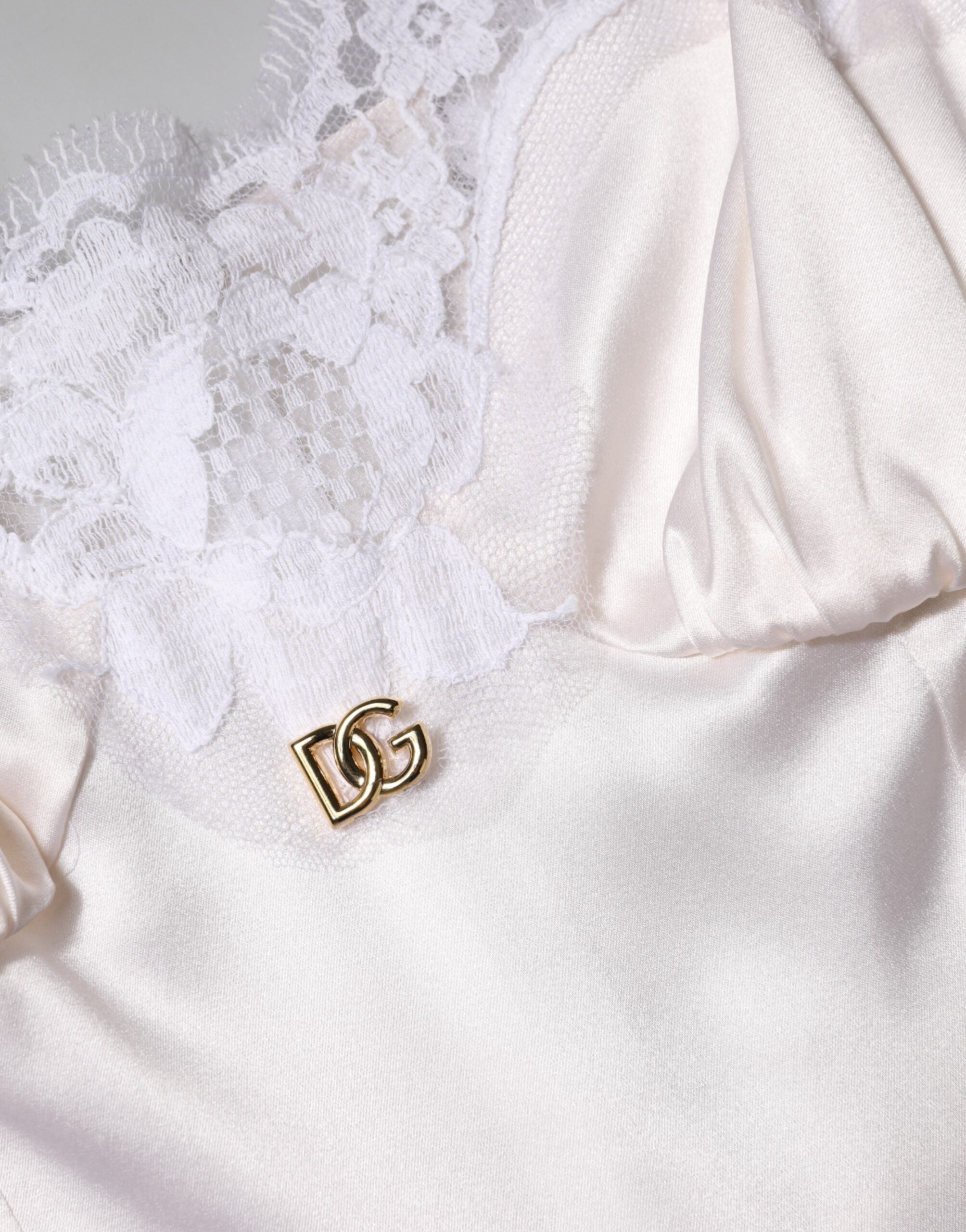 White Lace Gold DG Logo Silk Dress Sleepwear