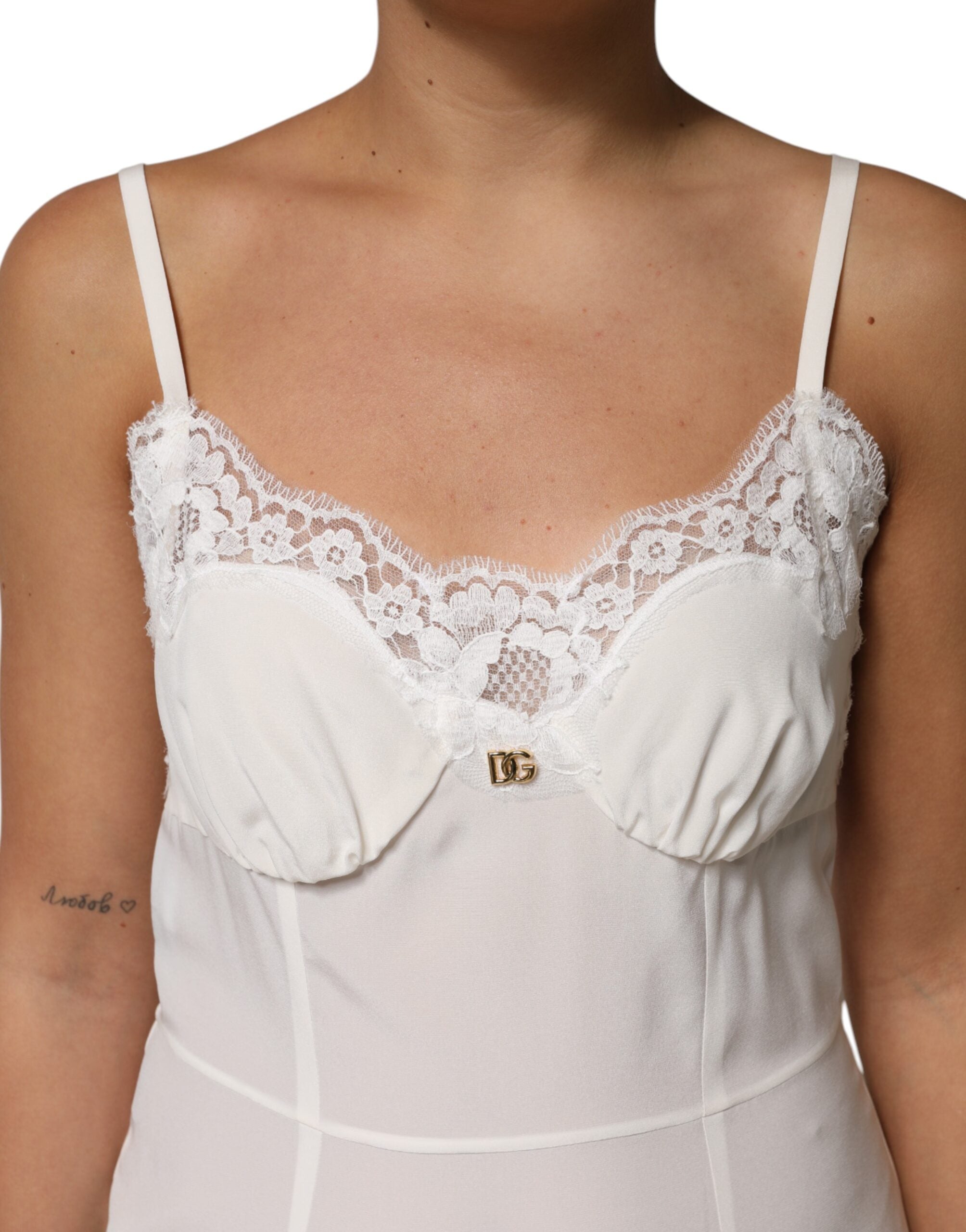 White Lace Gold DG Logo Silk Dress Sleepwear
