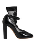 Black Leather Lace Socks Heels Pumps Shoes