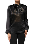 Black Silk Ascot Collared Button Blouse Top