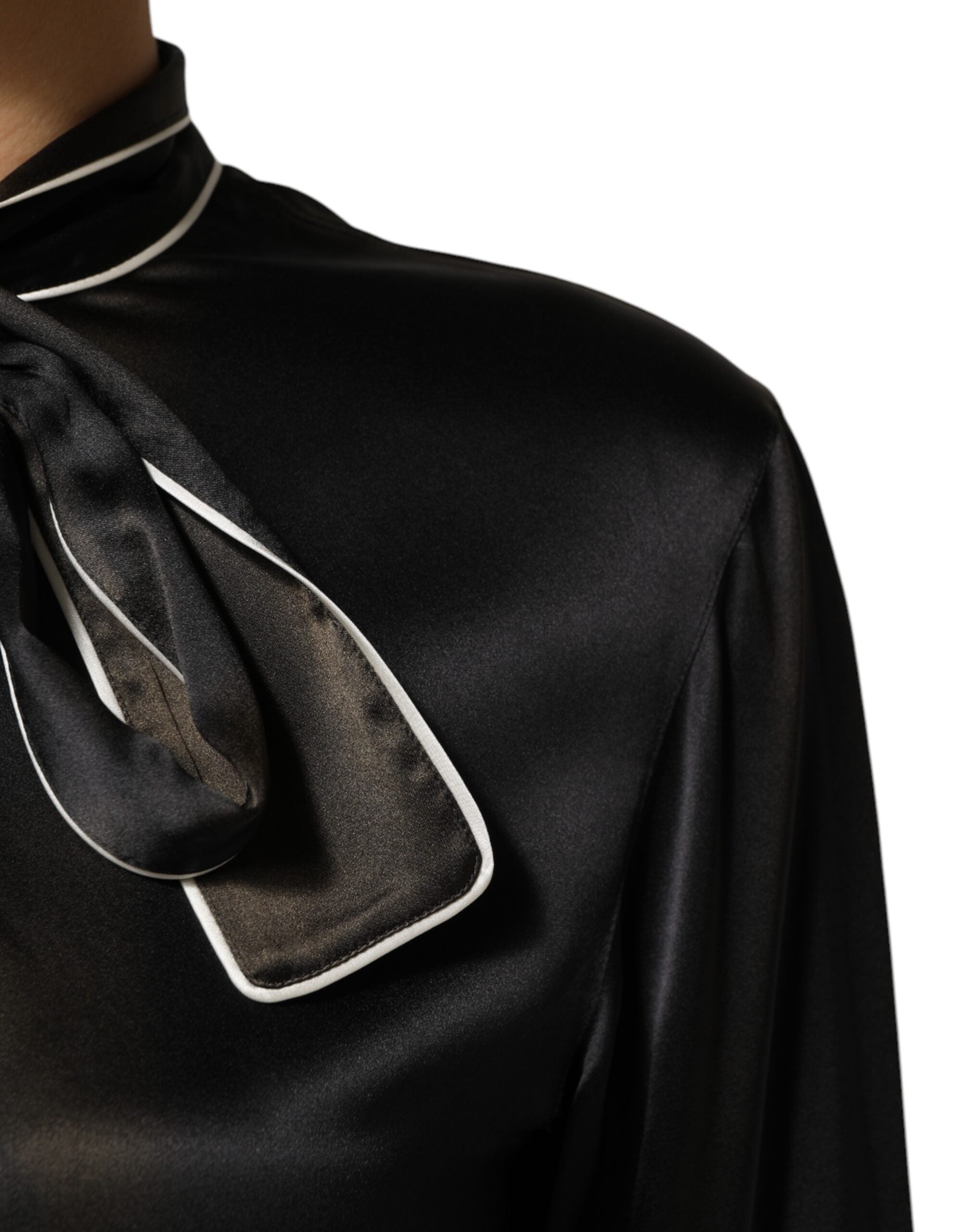 Black Silk Ascot Collared Button Blouse Top