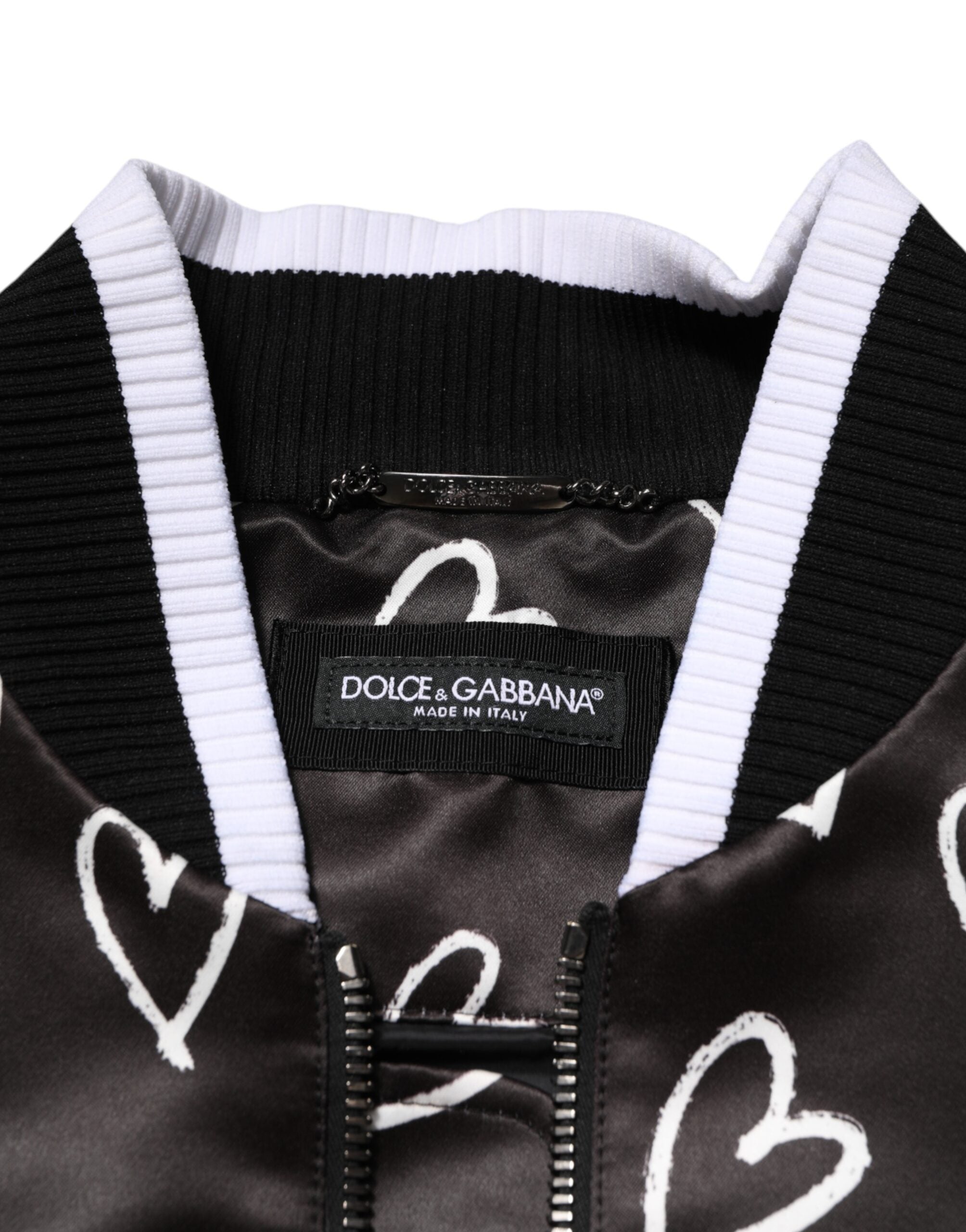 Black Polyester Heart Print Bomber Jacket