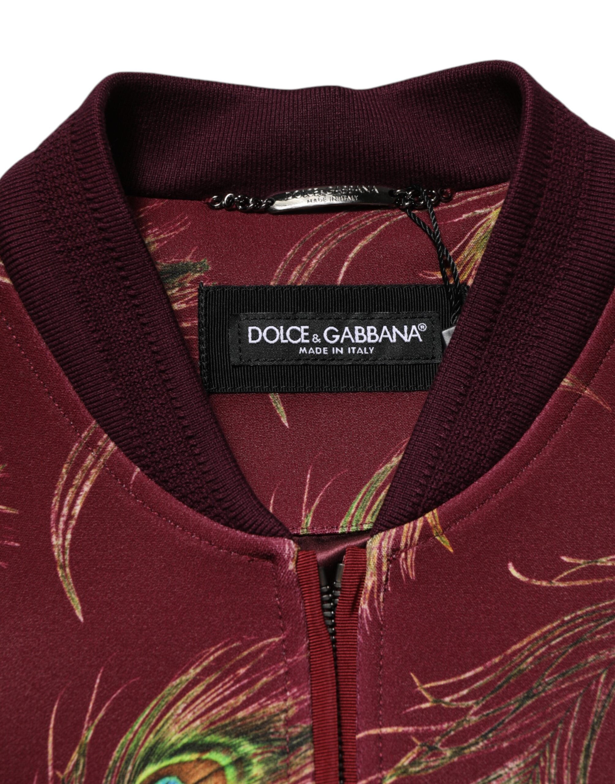 Maroon Peacock Feather Print Bomber Jacket
